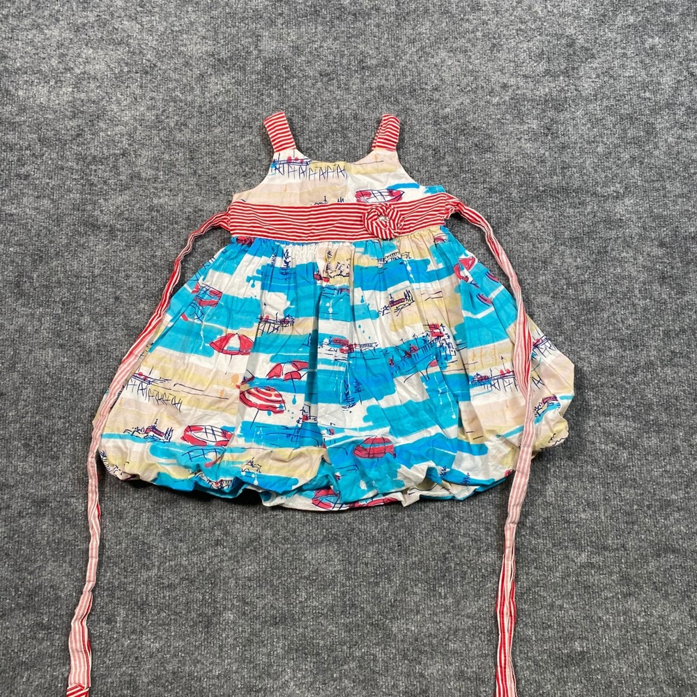 Marmellata Girls Size 4 Blue Red Beach Scene Nautical Stripe Cotton Bubble Dress